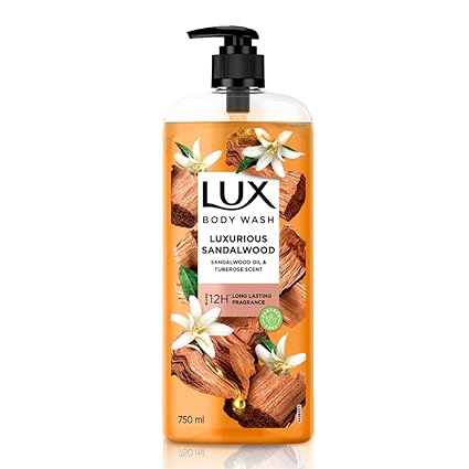 Lux Body Wash LUXURIOUS SANDALWOOD with Sandalwood Oil & Tuberose scent SuperSaver XL Pump Bottle with upto 12H* Long Lasting Fragrance|| Glycerine|| Paraben Free|| Rich Foam|| 750 ml