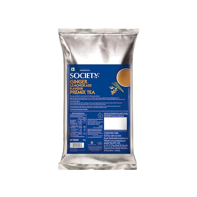 Society One Minute Tea | Ginger Lemongrass Flavour | Made with Lemongrass & Ginger | Flavoured Instant Tea | 1 kg Pouch | Pack of 1