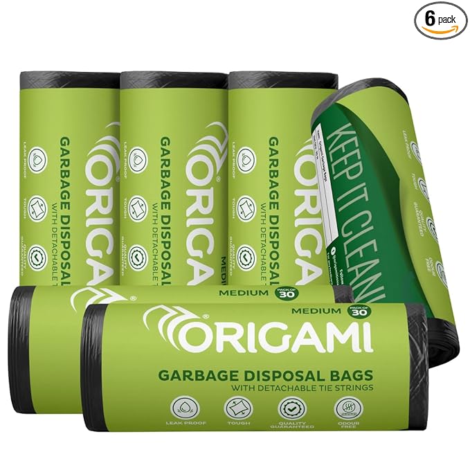Origami Biodegradable Garbage Bags For Dustbin - Medium 19 X 21 Inches|30 Bags Per Roll (Pack Of 6, Black), 6 Count