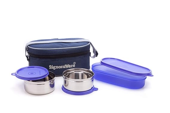 Signoraware Double Decker Stainless Steel Lunch Box Set with Bag, 3-Pieces, Violet