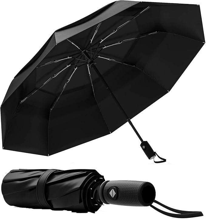 Portable Auto Travel Umbrella - Windproof for Rain, Strong for Wind, Auto Open/Close Button, Perfect Car Umbrella for Men & Women (Black)