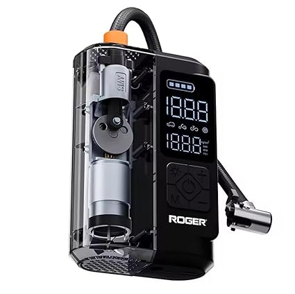 ROGER Smart Tyre Inflator | Dual Mode (Battery & Car 12V Port) | 6000mAh | Rapid Inflation | 150 PSI | Digital Display | 5 Air Fill Modes | Multiple Nozzles | Auto Cut-Off