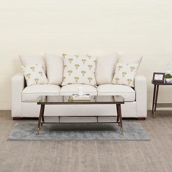 Home Centre Cane Connection Beige Solid Cotton Linen Three Seater Sofa - Length 205cm