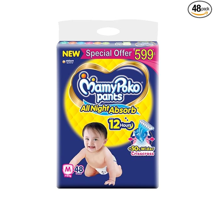 MamyPoko Pants All Night Absorb Baby Diapers, Medium (M), 48 Count 7-12 kg