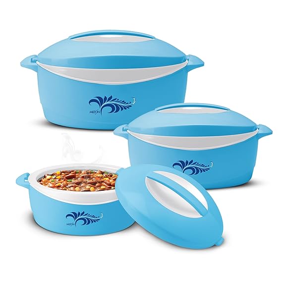 MILTON Delight Jr. Inner Stainless Steel Serving Casserole Gift Set of 3 (520 ml, 820 ml, 1.3 litres), PU Insulated Kitchen Hot Pot, Keeps Food hot & Fresh for Roti, Biryani, Blue