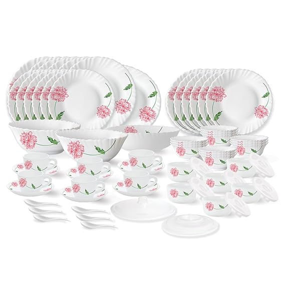 Larah by Borosil Red Mist Fluted Series Opalware Dinner Set | 66 Pieces for Family of 6 | Microwave & Dishwasher Safe | Bone-Ash Free | Crockery Set for Dining & Gifting | Plates & Bowls | White