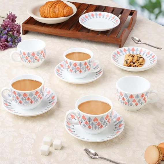 Larah by Borosil Regency Opalware Cup and Saucer Set of 12 pcs | Tea/Coffee Cups 220 ml | Microwave & Dishwasher Safe | Bone-Ash Free | Crockery Set Ideal for Daily Use & Gifting, White
