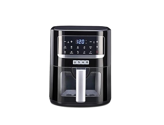 USHA iChef Smart Air Fryer 4.5L,10 In 1 Functions10 Preset Menu|Digital Display&Touch Panel|Transparent Window|Illuminated Chamber|Turbo Air Circulation|Oil Free Cooking|Auto Pause/Start(Black),1350W