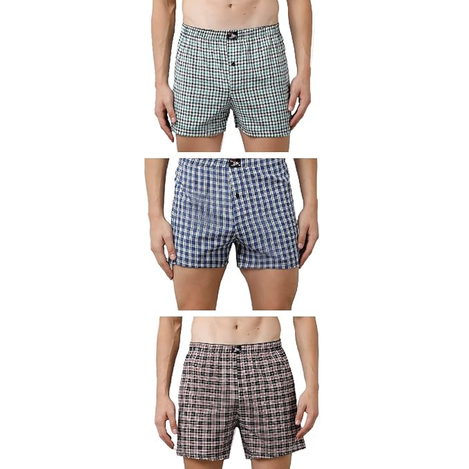 Rupa Jon Checked Boxer Shorts for Men | 100% Cotton Fabric | Dual Side Pocket | Regular Fit | Pack of 3