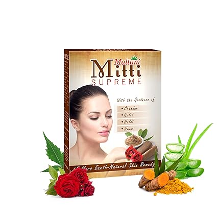 Multani Mitti Supreme Face With Goodness Of Aloe Vera, Gulab, Haldi & Neem | Useful in Removing Acne,Tan & Pimples | For Glowing Skin, Face Mask, Hair Mask | 100 Gm