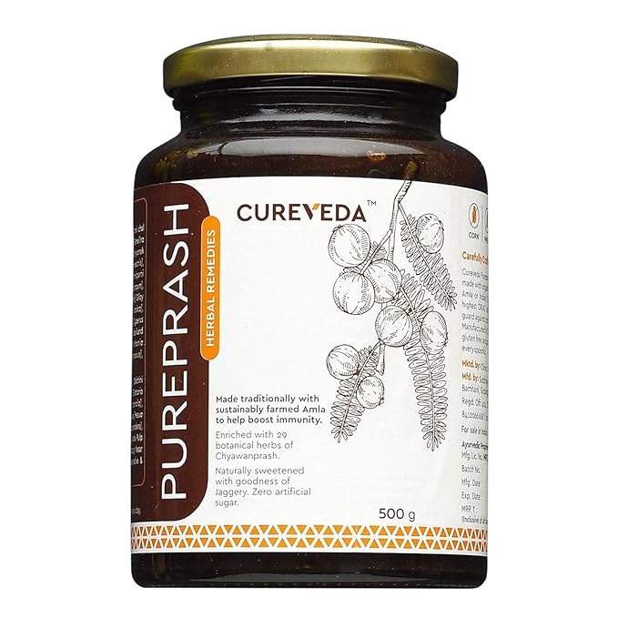 Cureveda Herbal Pureprash Immunity Booster for all age groups- Jaggery based, Saffron Kesar, sugar free Chyawanprash (500gms)