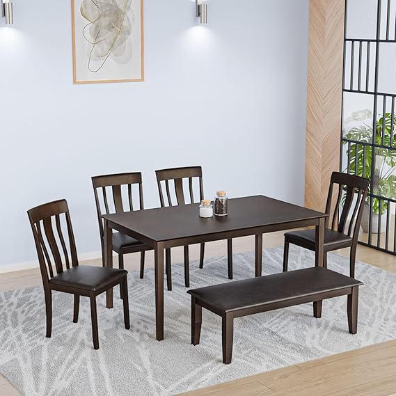 Nilkamal Magnito Solid Rubber Wood Dining Set| 1 Year Warranty (6 Seater with Bench)