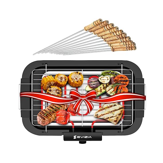 EVIZIA 2000W Electric Smokeless Portable Adjustable Temperature Control Indoor&Outdoor Barbeque Grill Set For Home Removable Water Filled Drip Tray-Black(Electric Bbq With Skewers) Free Standing