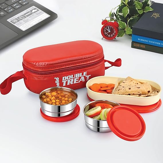 CELLO Double Treat Lunch Box with Insulated Fabric Jacket (Red)