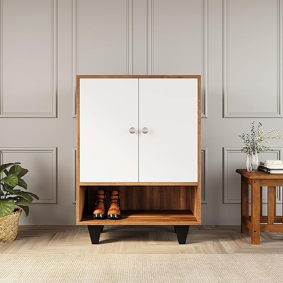 Nilkamal Astero 4 Shelf Engineered Wood Shoe Cabinet | 1 Year Warranty | White & Walnut