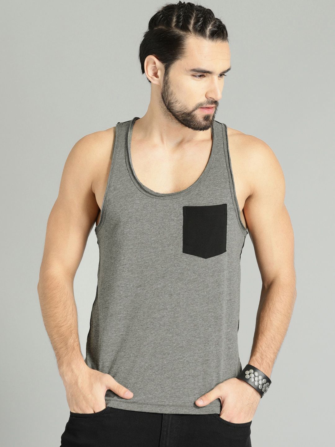 Time Travlr Men Charcoal Grey Sleeveless Pure Cotton T-shirt with Raw Edges