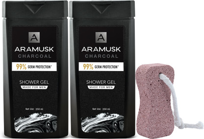 Aramusk Charcoal Shower Gel for Men, Face & Body Wash, With Pumice Stone