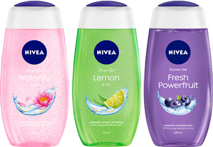 NIVEA Waterlily, Lemon Oil and Power Fruit Shower Gel (3 x 250 ml)