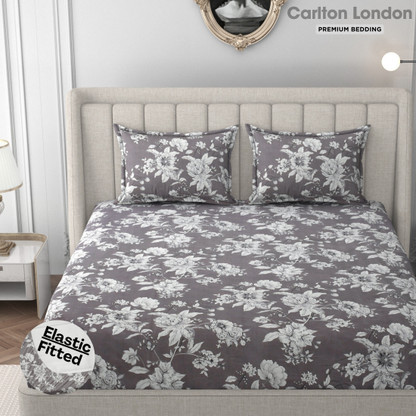 CARLTON LONDON 300 TC Microfiber King Printed Fitted (Elastic) Bedsheet (Pack of 1, Grey)