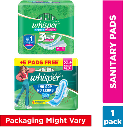 Whisper ULTRA HYGIENE+COMFORT XL+ ,PROTECTION FOR HEAVY FLOW Sanitary Pad (Pack of 55)