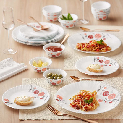 Larah by Borosil Pack of 24 Opalware Galaxy Series Dahlia Crockery Set for Dining & Gifting Dinner Set (White, Pink, Microwave Safe)