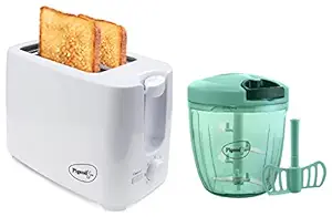 Pigeon 2 Slice Auto Pop up Toaster with Crumb Tray, Mid Cycle Heating Element (White) & Pigeon Handy Chopper with 5 Stainless Steel Blades and 1 Plastic Whisker (14077, XL, Green)