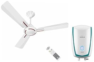 Havells Ambrose 1200mm Energy Saving with Remote Control 5 Star Decorative BLDC Ceiling Fan (Pearl White Wood, Pack of 1) Instanio 1-Litre 3KW Instant Water Heater (Geyser), White Blue