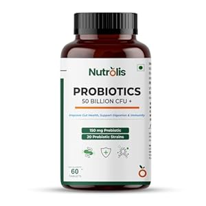 Nutrolis Prebiotic and Probiotic Supplement For Gut Health | 50 Billion CFU | 20 Probiotic Strains + 150mg Prebiotic | Supports Better Digestion, Immunity & Aids Bloating | For Men & Women | 60 Vegetarian Tablets