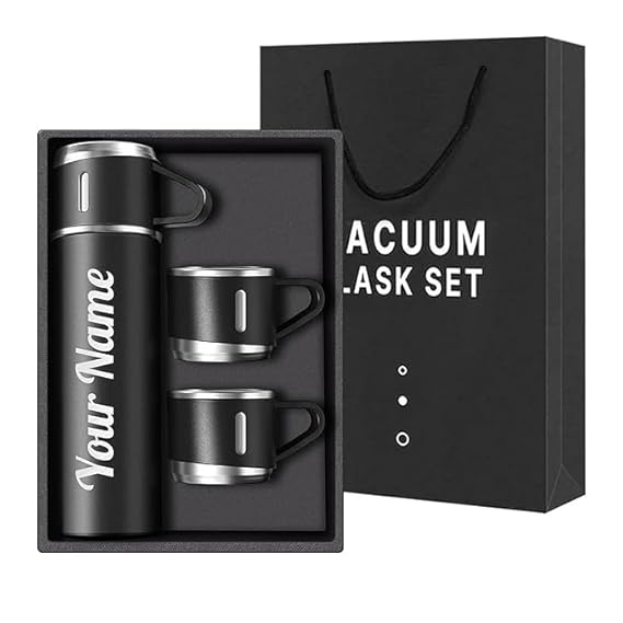 Personalised Vacuum Insulated Travel Flask Set with 2 Cups, Black, Gifting
