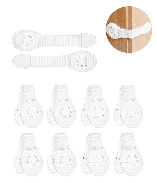 GLUN Drawer White Locks, Polyester Belt One Side Release Buckles Clips Strong Double Side Tape, Locks for Drawers, Cabinets, Fridge, Cupboard Lock, Strong and Adhesive Safety Locks Pack of 10