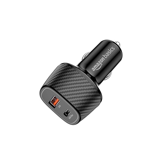 Amazon Basics - Car Charger with Dual Output | Fast Charging | Compatible with All Smartphones, Ipad, Tablets, Macbooks | 69W | Black