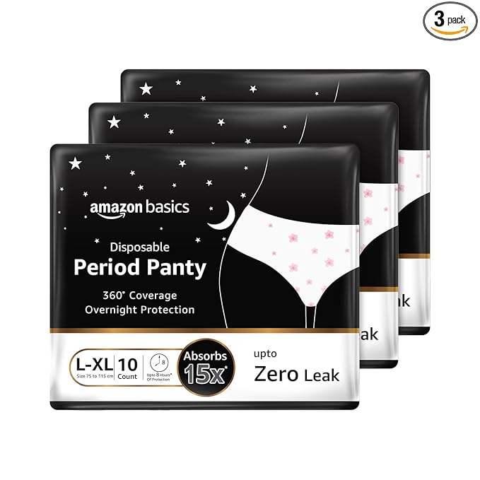 Amazon Basics Disposable Period Panties| L-XL |30 Count (10 x Pack of 3) | 360 Coverage | upto 8 hours of protection | Leak Proof | Overnight Protection | Period Panty