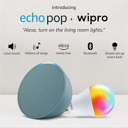 Amazon Echo Pop (Green) Smart Home Speaker Combo with Wipro Simple Setup 9W LED