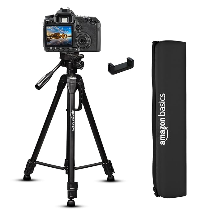 Amazon Basics 67 inch Tripod Stand with Mobile Phone Holder | 360 Rotating Ball Head