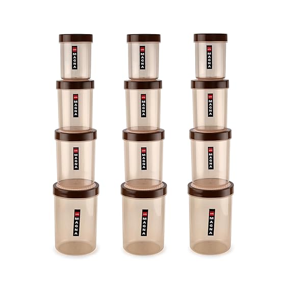 CELLO Magna Plastic Grocery Container - 500 ml, 1000 ml, 1700 ml, 750 ml (Pack of 12, Brown)