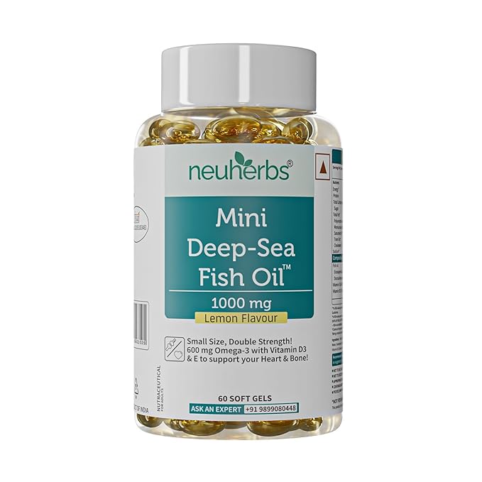 Neuherbs Mini Deep Sea Fish Oil Omega 3 Capsule 1000Mg- 60 Softgels for Men & Women |2X Omega 3 with 360Mg Epa & 240Mg Dha | Fish Oil Capsules with Vitamin D3 & E -Lemon Flavour, 71 grams