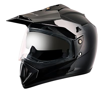 Vega Off Road ISI Certified Gloss Finish Full Face Dual Visor with Peak Helmet for Men and Women Outer Clear Visor and Inner Smoke Sun Visor(Black, Size:L)