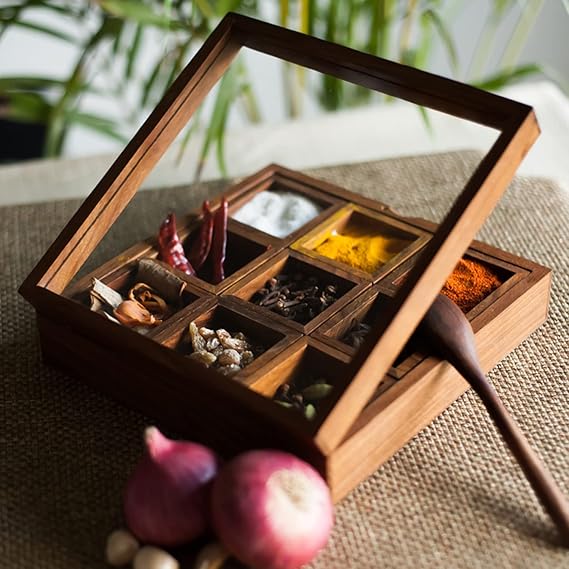 ExclusiveLane Sheesham Wooden Spice Box for Kitchen with Spoon