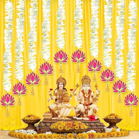 BENAVJI Handmade MDF Wood Lotus Mogra Jhumki Style Hanging Decor Floral Wall Hangings for Temple, Home, Diwali, Weddings, Stage, Mandap & Festive Decorations Artificial Flowers 2.5 Feet Pack of 10
