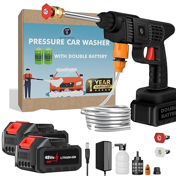 TECH LOGO ELECTRONICS High Pressure Washer Gun Cordless Portable Wireless Double Battery 48V 12000mah High Pressure Car Wash Bike Washing Cleaning Adjustable Nozzle and 5M Hose Pipe