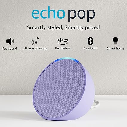 Amazon Echo Pop| Smart speaker with Alexa and Bluetooth| Loud sound, balanced bass, crisp vocals| Purple