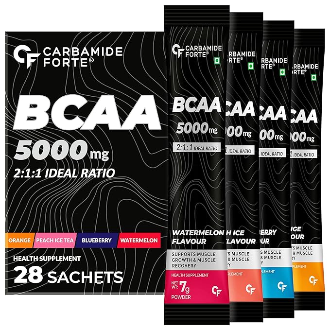 Carbamide Forte BCAA Powder 5000mg 28 Sachets | BCAA Supplements For Women & Men Muscle Growth | BCAA Pre Workout & BCAA Intra Workout Supplement For Muscle Recovery | BCAA For Men | BCAA Supplement For Men & Women 7g Serving with Ideal 2:1:1 Ratio | 4 Flavors BCAA - Pack Of 28 BCAA Sachets