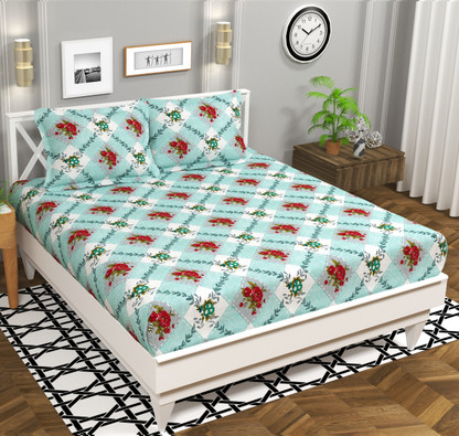 VAS COLLECTIONS 160 TC Cotton Double Floral Flat Bedsheet Green Leaves