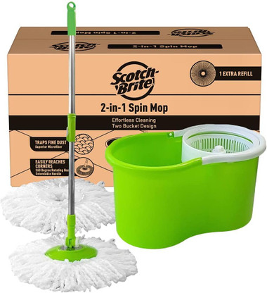 Scotch-Brite 2-in-1 Bucket Spin Mop (2 Refills, 4 Pcs) Mop Set