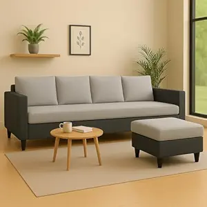 FURNY Premium Legold Fabric 5 Seater L Shape Sofa Set 4 Seater Modern Sofa Set & Ottoman for Living Room (Light Grey & Dark Grey)
