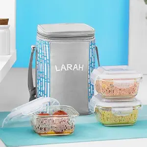 Larah Glassware Vogue Borosilicate Glass Lunchbox with Bag | 3pc Square