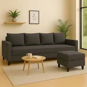 FURNY Premium Legold Fabric 5 Seater L Shape Sofa Set 4 Seater Modern Sofa Set & Ottoman for Living Room (Dark Grey Color)