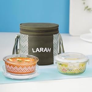 Larah Glassware Gracia Borosilicate Glass Lunchbox with Bag | 2pc Round Container (400 ml Each), Vertical | Microwave & Dishwasher Safe, Leakproof | Tiffin for Office, School, College | Green