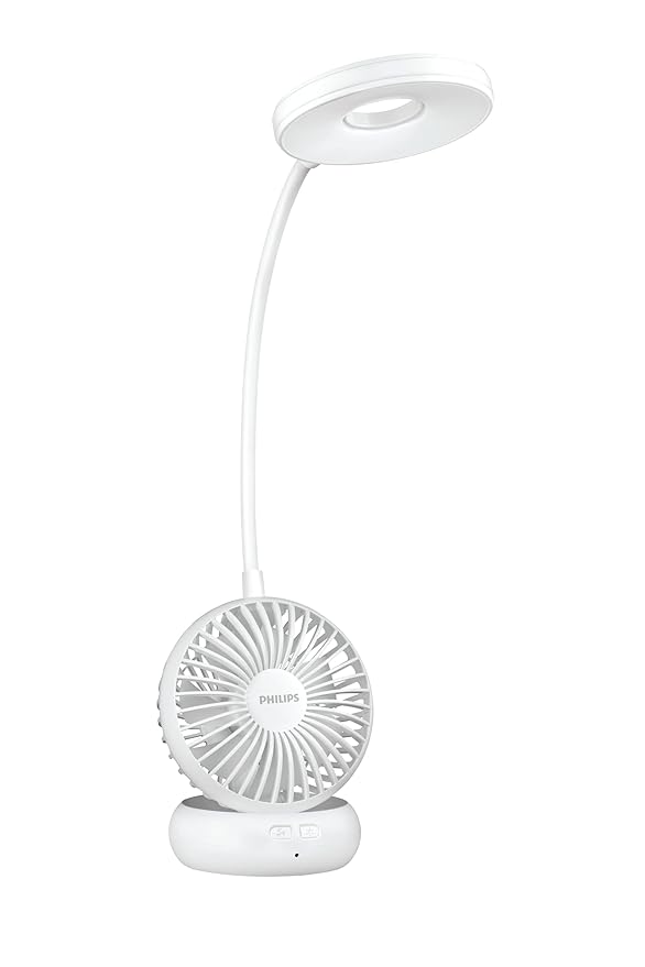 PHILIPS Anemo Rechargeable LED Table Lamp with Fan | 5W Bedside Dimmable LED Desklight with Gooseneck & 360 Flexibility | 2200mAh Battery with 2.5hrs Backup