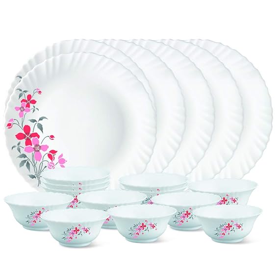 Larah by Borosil Glass Flore Thali Set (White) - 18 Pieces